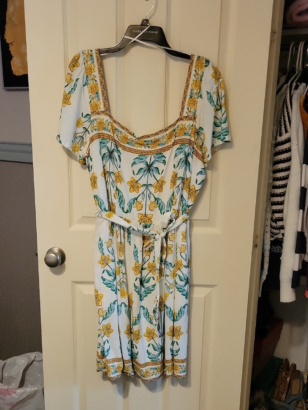 Draper James White Midi Dress with Yellow Floral and Green Leaf Motif